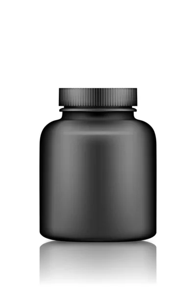 Léky pilulky nebo doplněk černé plastové láhve mockup izolované na bílém pozadí — Stockový vektor
