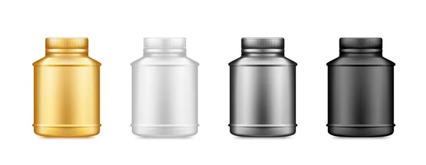 Negro, oro, plata suplemento botella mockup aislado sobre fondo blanco — Vector de stock