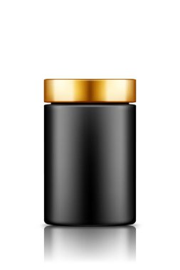 Beyaz arka planda izole edilmiş altın kapaklı siyah plastik kavanoz modeli.