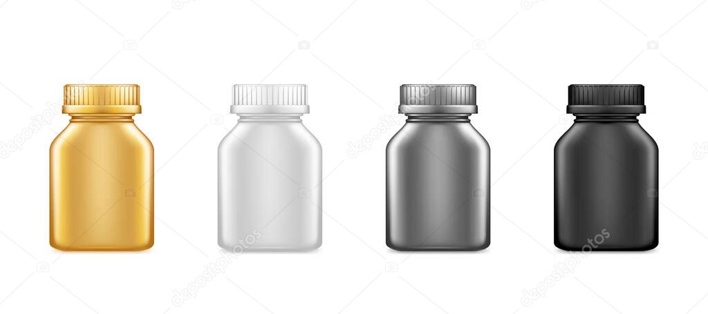 Black, gold, silver medicine square bottles mockup isolated on white background