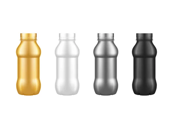 Set Joghurt-Plastikflasche isolierte Attrappen - Gold, Silber, Schwarz, Weiß mit Schraubverschluss — Stockvektor