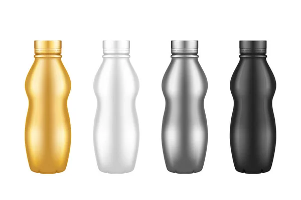 Plastic yogurt bottle with screw cap isolated mockups - gold, silver, black, white — Stock Vector