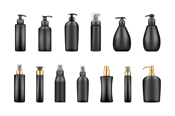 Zwarte luxe pomp fles mockups: serum, moisturizer, lotion, zeep, crème, ontsmettingsmiddel — Stockvector