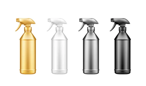 Set of isolated plastic spray pistol sanitize bottle mockups - golden, silver, white, black — Stock Vector