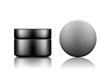 Arka plandan izole edilmiş siyah kozmetik kavanozu: losyon, krem, köpük, toz