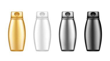 Arka plandan izole edilmiş kozmetik şişe modelleri: duş jeli, şampuan, losyon, krem, temizleyici