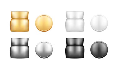 Arka plandan izole edilmiş kapak görünümlü kozmetik kavanoz seti: losyon, krem, toz