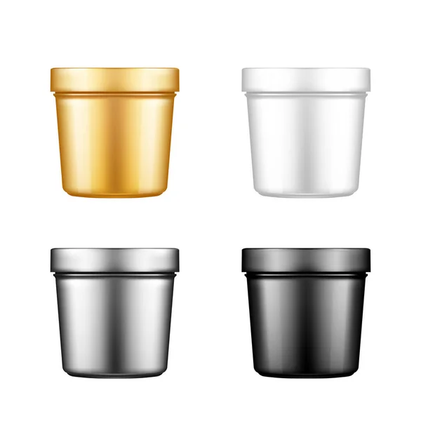 Set of plastic bucket mockup isolated from background: ice cream, butter or yogurt container — Stock Vector