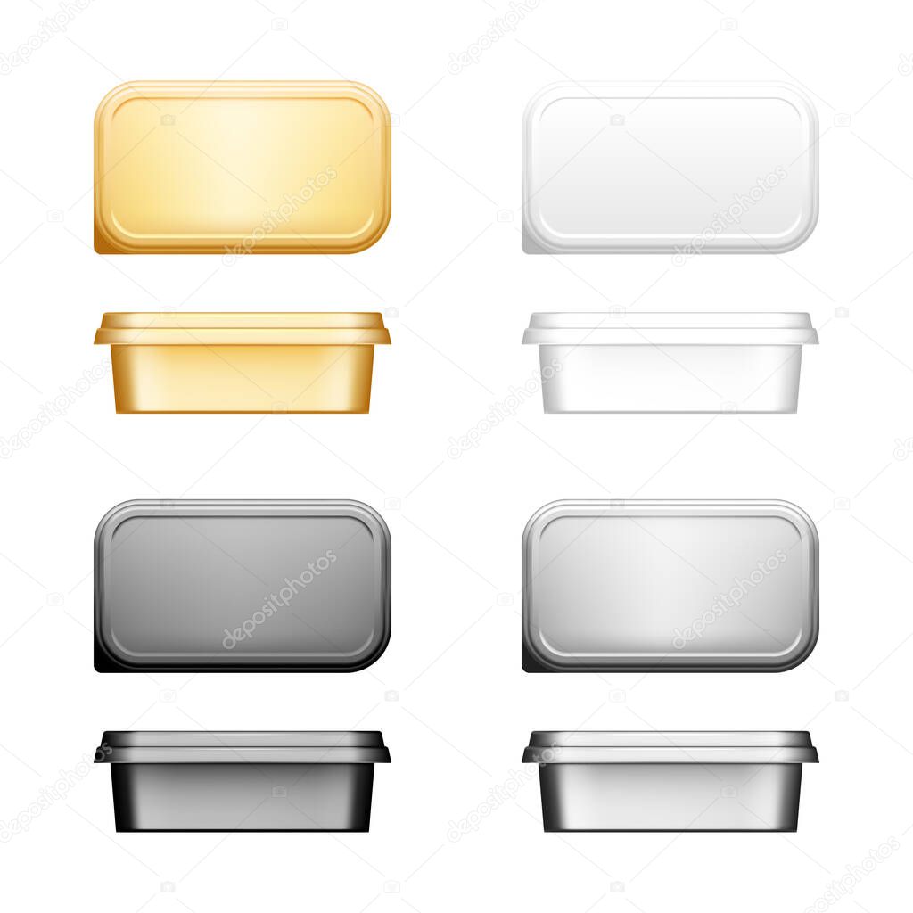 Download Cheese Butter Or Margarine Container With Lid Mockup Front Top View Blank White Silver Gold Black Plastic Food Package Cream Yogurt Spread Product Template Isolated 3d Vector Illustration Premium Vector