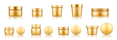 Altın kozmetik kavanoz seti losyon, krem, pudra için arka plandan izole edilmiş.