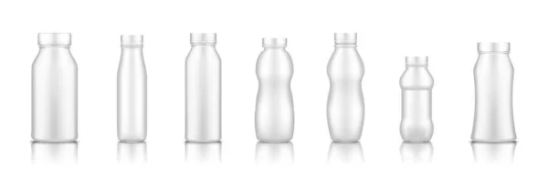 Yogur, leche, jugo o champú conjunto de botellas de plástico blanco maqueta aislado de fondo — Vector de stock