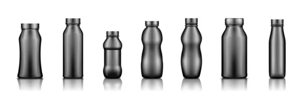 Yogurt, milk, juice or shampoo black plastic bottle set mockup isolated on white background — Stock Vector