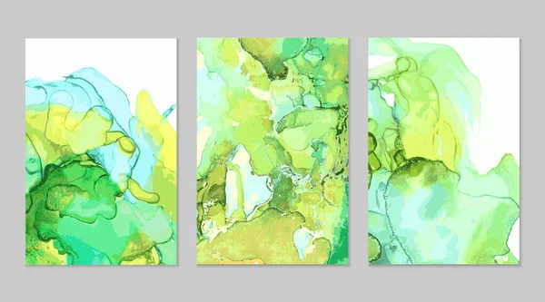 Набор Роскошных Зеленых Синих Мраморных Флаеров Алкогольная Техника Чернил Фон — стоковый вектор