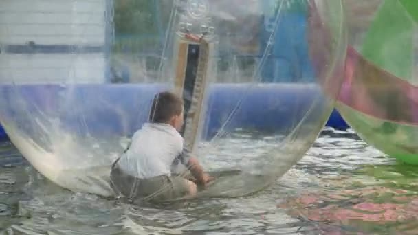 Bambino si diverte nel parco giochi. Bambino in sodio, palla d'acqua. Il bambino e 'intrattenuto al parco giochi. Il ragazzo sta nuotando. palla gonfiata con aria con un uomo dentro . — Video Stock