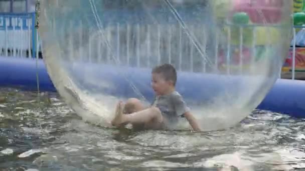 Criança se diverte no parque infantil. Criança em sódio, bola de água. O rapazinho está entretido no parque infantil. O rapaz está a nadar. bola inflada com ar com um homem para dentro . — Vídeo de Stock