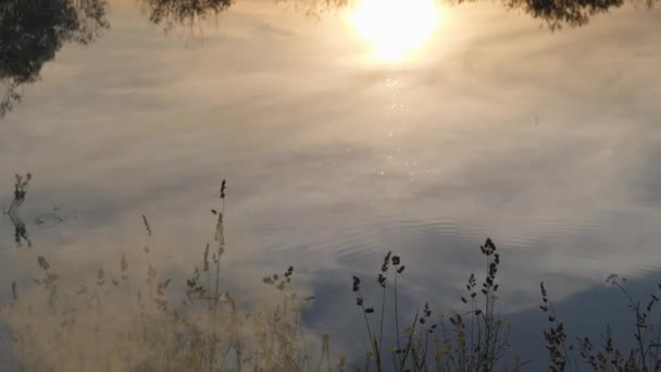 Sunset - zonsondergang in de lucht en haar reflectie in het waterige oppervlak van de rivier. Zomeravond. Clubs van rook in de voorgrond. — Stockvideo