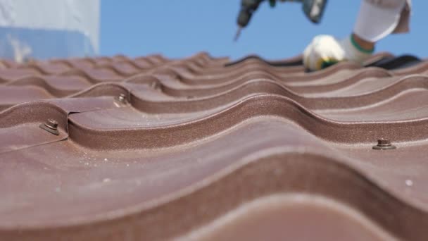 Lavorare con materiale di copertura. tetto in metallo. strumento a mano contro il cielo blu. Ferro da stiro sul tetto con cacciavite. un foglio di materiale di copertura si trova sullo scheletro. Vite lamiera di ferro per — Video Stock