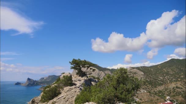 Βουνά ενάντια στον γαλάζιο ουρανό με άσπρα σύννεφα. Σύννεφα Cirrus διασχίζουν το γαλάζιο του ουρανού. Την καλύτερη θέα της ακτής. Όμορφη θέα στη θάλασσα. καλύτερο βίντεο από την ορεινή ακτή. Δέντρο στο βράχο — Αρχείο Βίντεο