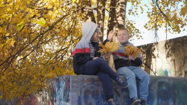 Autumn. Small children in the yellow leaves. Children play in the street with fallen leaves. Autumn grove of birches and maples. Happy kids on the street. child is holding a bouquet of yellow leaves — Stock Video