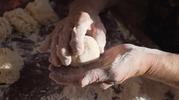 Grootmoeders handen maken taarten. Gerimpelde handen van vrouwelijke rol balletjes van het deeg. Kneed het deeg in de eigen keuken. — Stockvideo