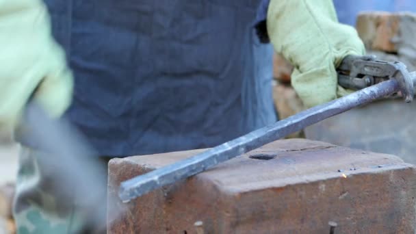 若い鉄工所は、金属を動作します。職人の村のプライベート鍛冶のハイランダー。スローモーション — ストック動画