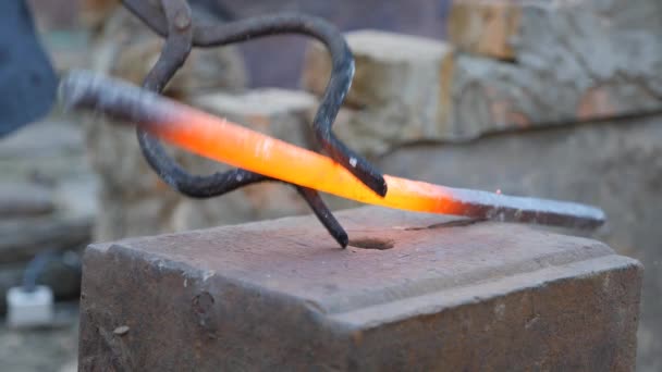 Herrero trabaja metal. Artesano, el Highlander en la herrería privada en el pueblo. Quemando troncos en el horno de herreros. Sacando la palanquilla caliente del hogar usando garrapatas. Chispas vuelan en — Vídeos de Stock