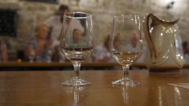 Degustación de vinos en la sala de degustación. Excursión alrededor de la bodega de Crimea. Bakaly de pie sobre la mesa. El vino se vierte en un plato de vidrio. Sommelier extiende su mano a su vaso. SUNNY VALLEY — Vídeo de stock