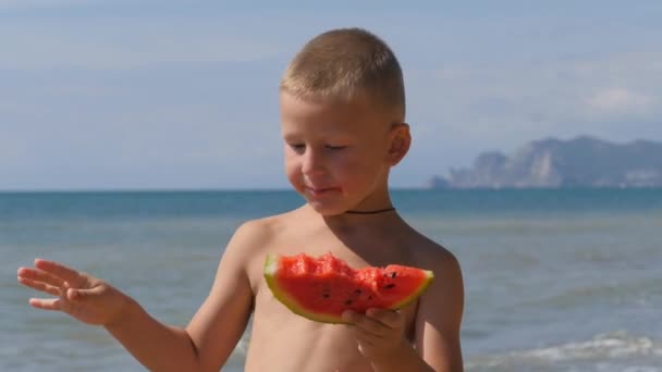 El niño juega en la playa. chico en la arena comiendo sandía. El niño tiene en las manos una corteza verde de cultivo de melón — Vídeos de Stock