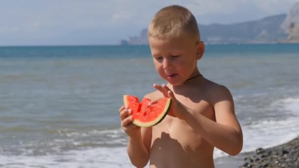 Kind speelt op het strand. jongen in het zand eten watermeloen. Het jonge geitje houdt in handen van een groene korst van meloen cultuur — Stockvideo