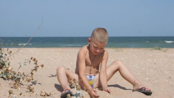Blonde jongen zittend op het zandstrand gooit omhoog boven zijn hoofd het gele zand. — Stockvideo