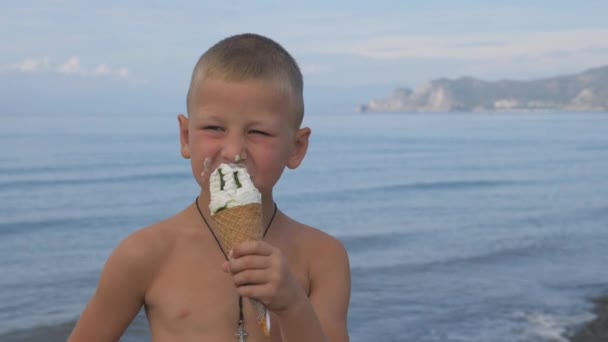 Niño Playa Come Helado Cono Gofre — Vídeo de stock