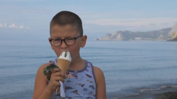 Child Beach Eats Ice Cream Waffle Cone — Stock Video