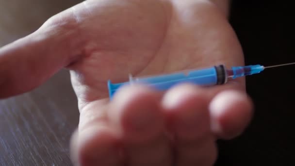 Drug Addiction Male Hand Falls Table Administration Heroin Methamphetamines Syringe — Stock Video