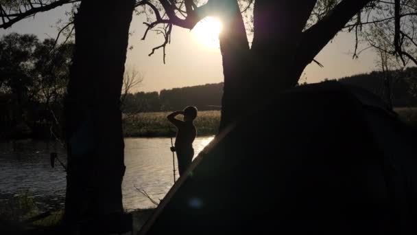 Silhouette d'un enfant regardant au loin sur le fond de la rivière. Le soleil brille à travers les branches de l'arbre . — Video