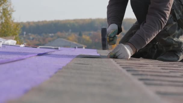 부드러운 지붕을 얹고. 높이 에서 일합니다. 못 과망 치를 사용하여 한 장의 재료를 단단 히묶는 모습. — 비디오