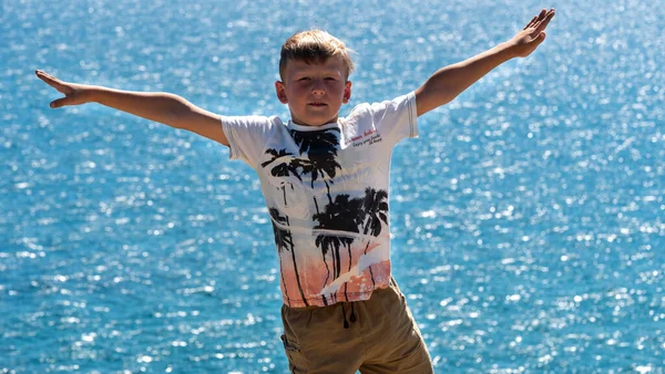 Fair Haired Boy Blue Sea Child Standing Shore Cliff Arms — Stock Photo, Image