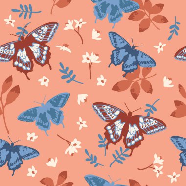 Vektör parlak kelebekler, yaprak ve çiçek ile seamless modeli. Doku tasarım el çekilmiş