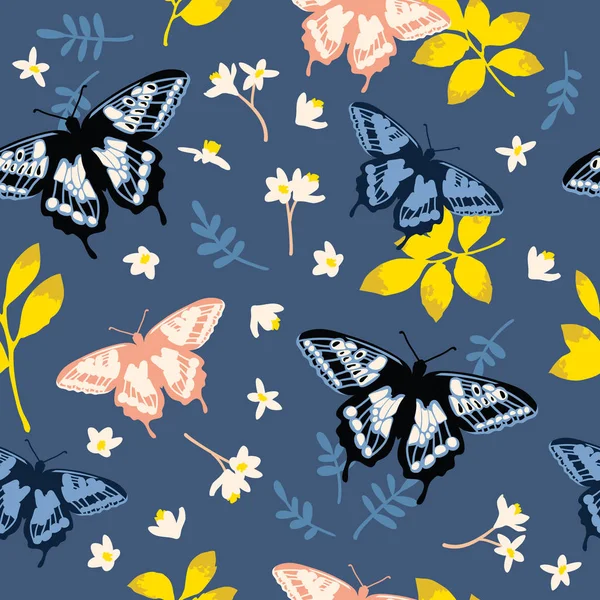 Modèle Vectoriel Sans Couture Avec Des Papillons Lumineux Des Feuilles — Image vectorielle