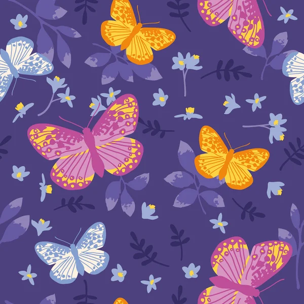 Patrón Sin Costura Vectorial Con Mariposas Brillantes Hojas Flores Diseño — Archivo Imágenes Vectoriales