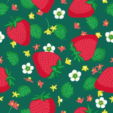 Çilek, yaprak ve çiçeklerle kusursuz bir desen. Grafiksel biçimlendirilmiş çizim.