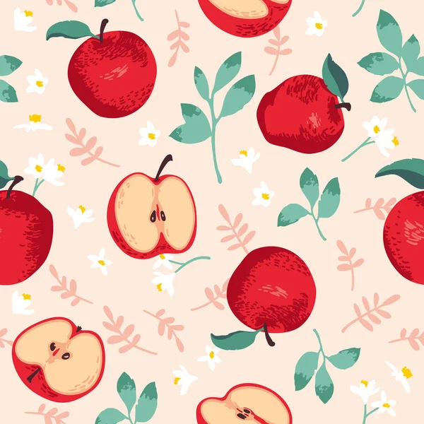 Vektorsommermuster Mit Äpfeln Blüten Und Blättern Nahtloses Texturdesign — Stockvektor