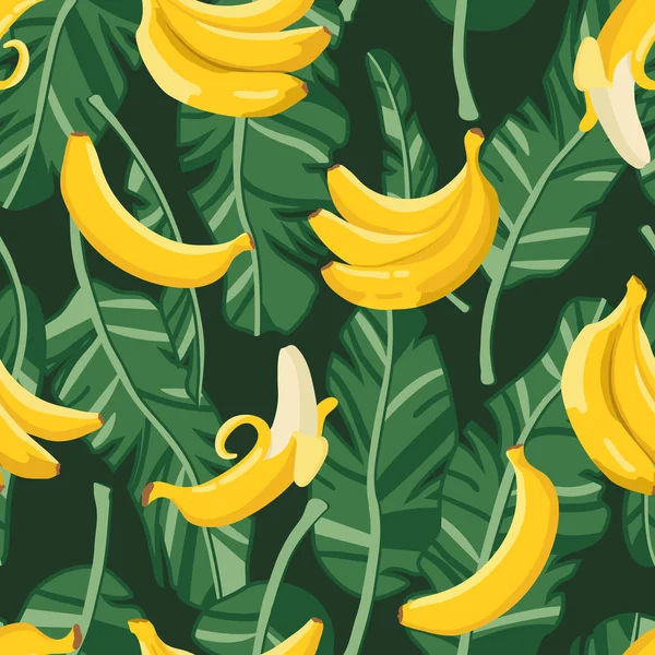 Vetor Verão Padrão Exótico Com Bananas Amarelas Flores Folhas Design —  Vetores de Stock