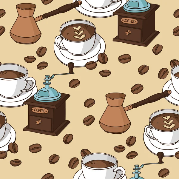 Vector seamless pattern with coffee cups, coffee grinder, coffee fryer, coffee beans.