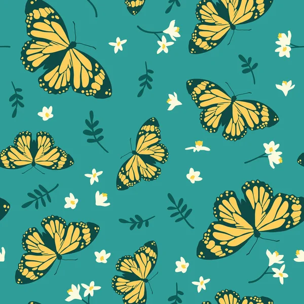 Modèle Vectoriel Sans Couture Avec Des Papillons Lumineux Des Feuilles — Image vectorielle