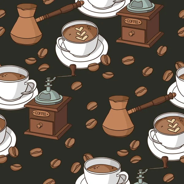 Vector seamless pattern with coffee cups, coffee grinder, coffee fryer, coffee beans.