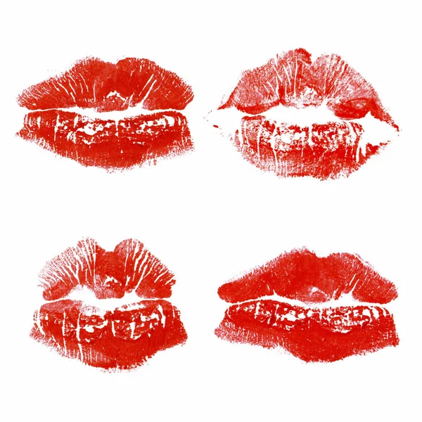 Conjunto Impresión Beso Labios Rojos Aislados Sobre Fondo Blanco — Foto de Stock