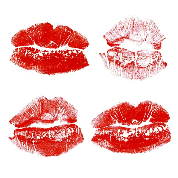 Définir Empreinte Baiser Lèvres Rouges Isolées Sur Fond Blanc — Photo