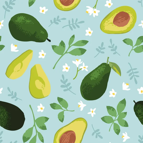 Patrón Vectorial Verano Con Aguacate Flores Hojas Diseño Textura Sin — Archivo Imágenes Vectoriales