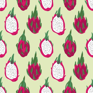 Ejderha meyvesi (pitaya), çiçek ve yapraklı vektör yaz deseni. Kusursuz doku tasarımı.