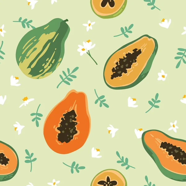 Patrón Vectorial Verano Con Papaya Hojas Flores Diseño Textura Sin — Archivo Imágenes Vectoriales